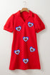 Patriotic Sequin Heart Patch Textured V Neck Mini Dress